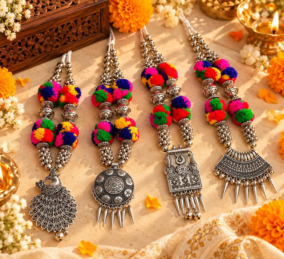 Multicolor Pom-Pom Silver Necklace Collection