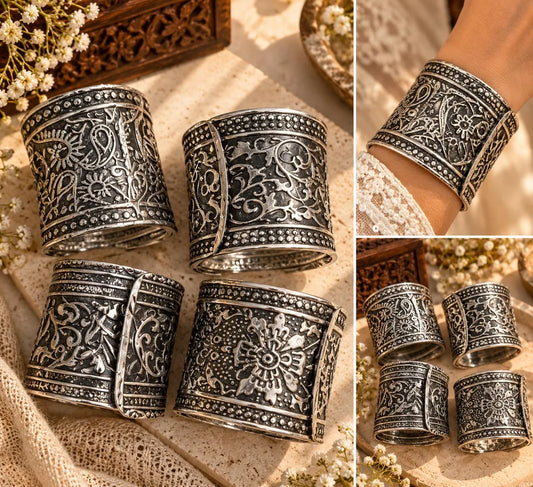 Oxidized Silver Engraved Cuff Set