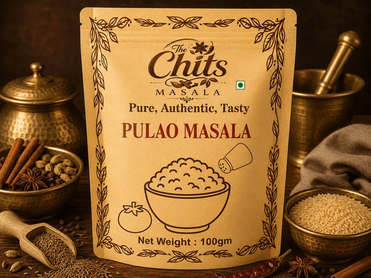 A 100g stand-up pouch of The Chits Masala Pulao Masala spice mix, styled on a dark rustic wooden table surrounded by spices, brass bowls, and a mortar and pestle.