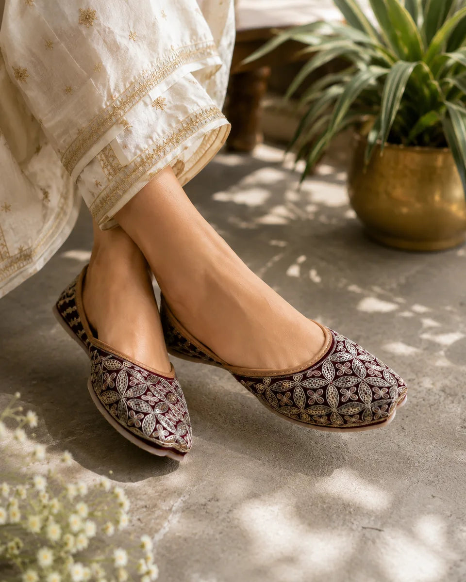 The Chits Maroon Zari Embroidered Traditional Women's Jutti