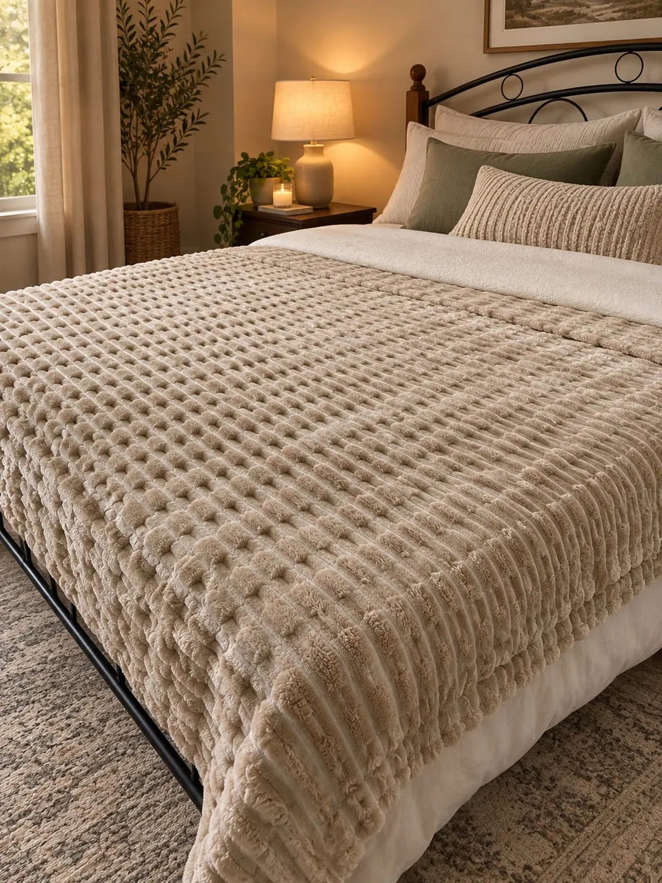 Beige Ribbed Plush Blanket
