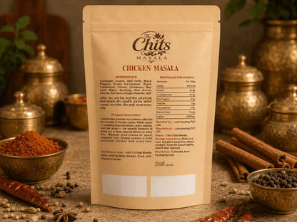 A stand-up pouch of Chits Masala Chicken Masala spice mix, shown on a rustic tabletop with bowls of red chili powder, whole spices, and dried red chilies in the background.