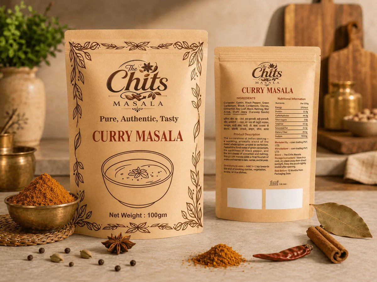Two stand-up pouches of The Chits Masala Curry Masala spice mix displayed on a rustic stone surface with whole spices, cinnamon, star anise, a dried red chili, and a bay leaf around them.