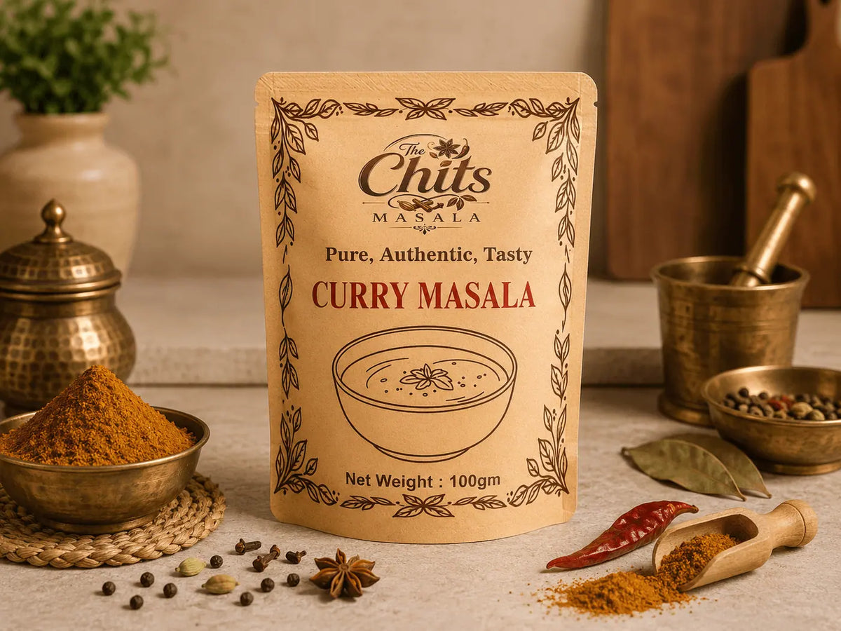A 100g stand-up pouch of 'The Chits Masala' Curry Masala spice mix, styled on a rustic stone surface with bowls of loose curry powder, dried red chilies, star anise, bay leaves, and brass spices.