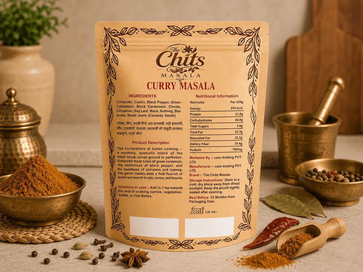 A stand-up pouch of The Chuts Masala Curry Masala seasoning mix, displayed on a woven mat with spices, peppercorns, and dried red chilies in a rustic kitchen setting.