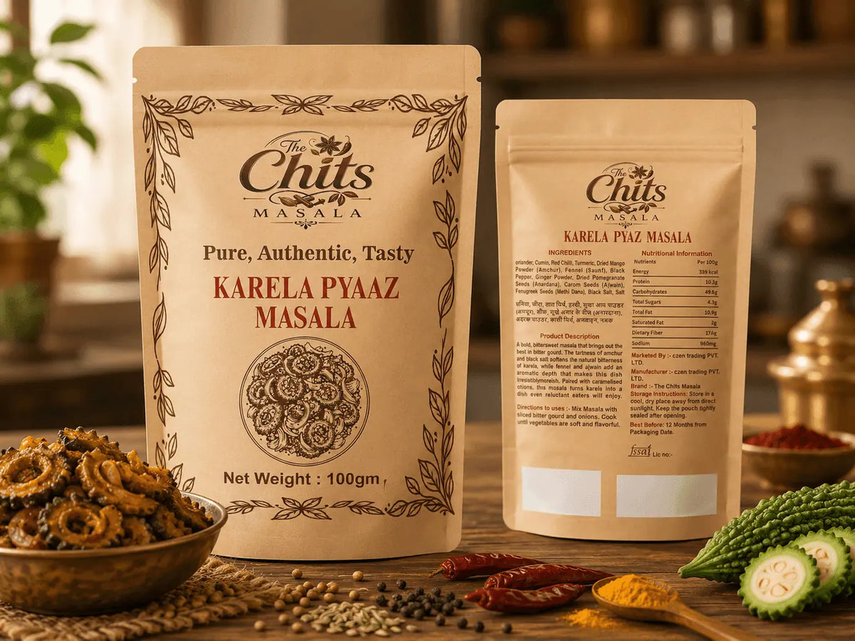 Two stand-up pouches of Chits Masala Karela Pyaar Masala spice blend displayed on a wooden surface with bowls of whole spices, dried pods, and green vegetables in a warm kitchen setting.