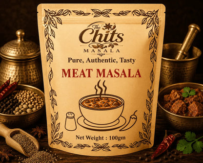 A stand-up pouch of The Chits Masala Meat Masala centered on a dark rustic background with bowls of spices, chili peppers, and cooked meat pieces around it. The package is tan with black decorative border text and red product title text.