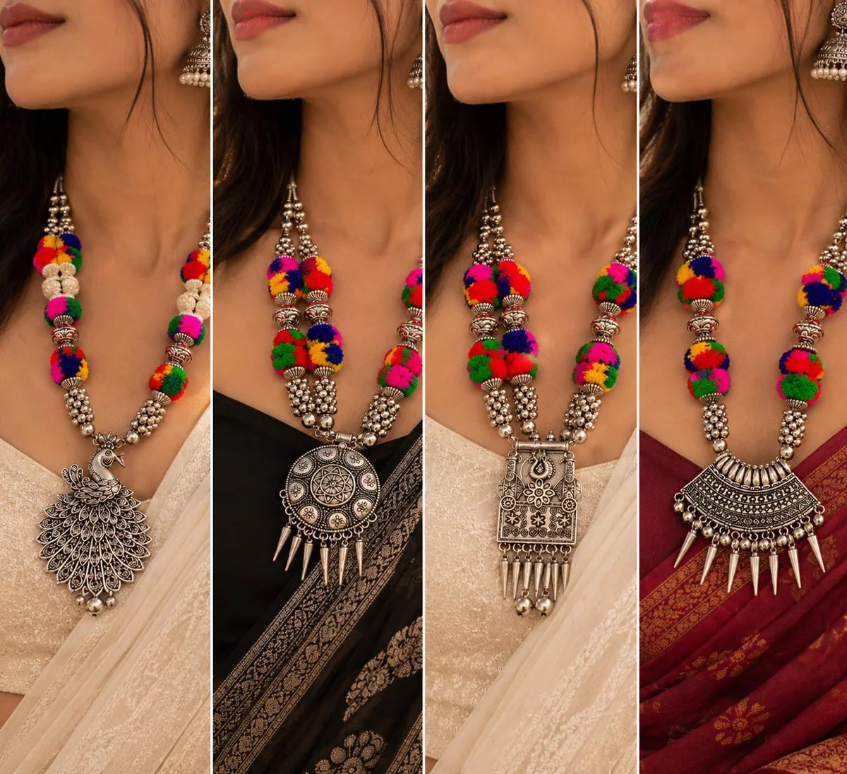 Multicolor Pom-Pom Silver Necklace Collection
