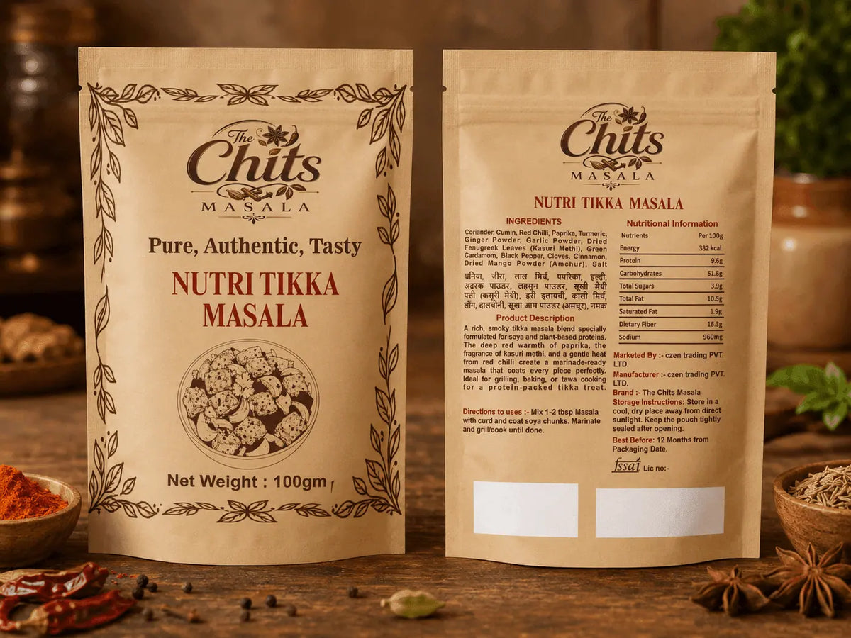 Two stand-up pouches of Chits Masala Nutri Tikka Masala shown side by side on a wooden surface, with spices and food props around them. The front pouch shows the product name and branding, while the back pouch displays ingredients and nutrition information.