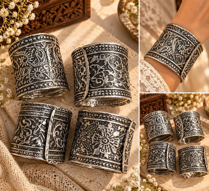Oxidized Silver Engraved Cuff Set