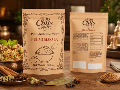 Two stand-up pouches of Chits Masala Pulao Masala displayed on a wooden table with spices and prepared food props in a warm kitchen setting.