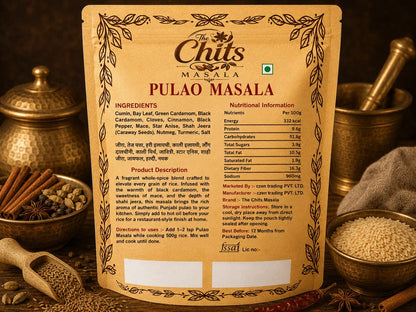 Back of a pouch of Chuts Masala Pulao Masala shown upright, with decorative gold-toned masala spices in the background.