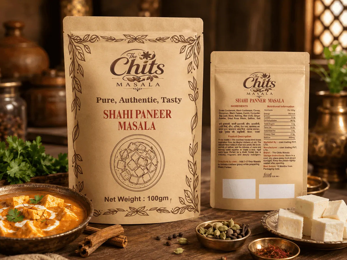 Two stand-up pouches of The Chits Masala seasoning blends displayed on a rustic wooden table with food props including paneer cubes, a bowl of chutney, and spices. One pouch is labeled 'Shahi Paneer Masala' and the other 'Slurpee Paneer Masala'.