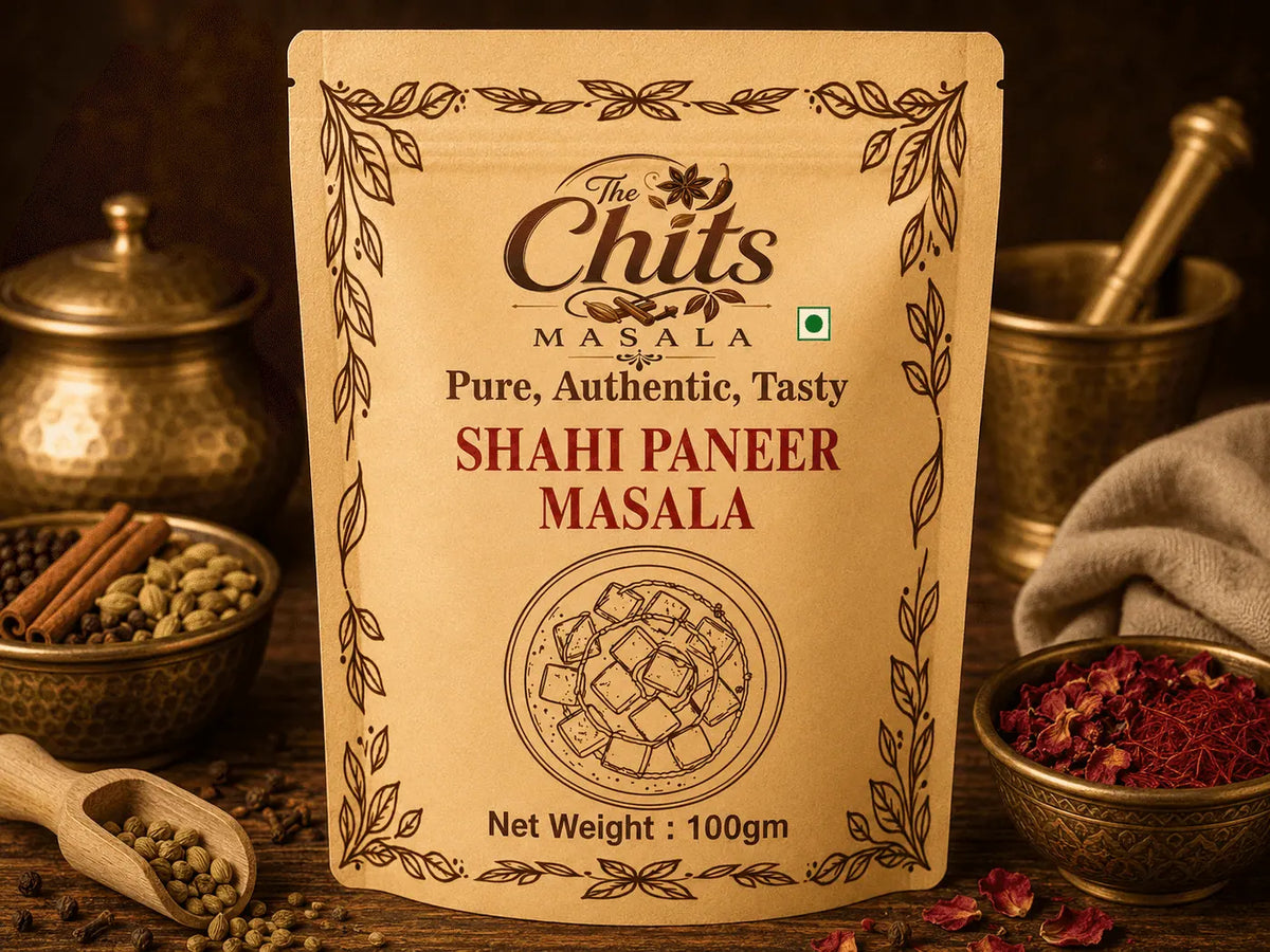 A 100g stand-up pouch of 'The Chits Masala Shahi Paneer Masala' centered on a rustic wooden table surrounded by spices, bowls, and a mortar and pestle.