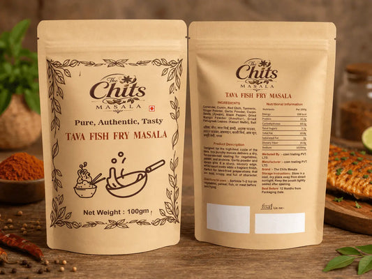 Two stand-up pouches of Chits Masala Tava Fish Fry Masala displayed side by side on a rustic wooden surface with spices and food props in the background.