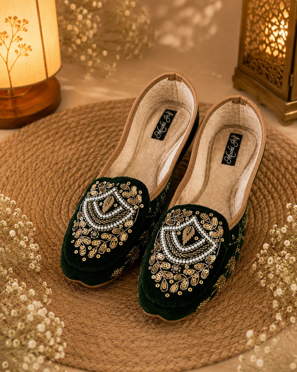 The Chits Emerald Velvet Heritage Embroidered Women's Jutti
