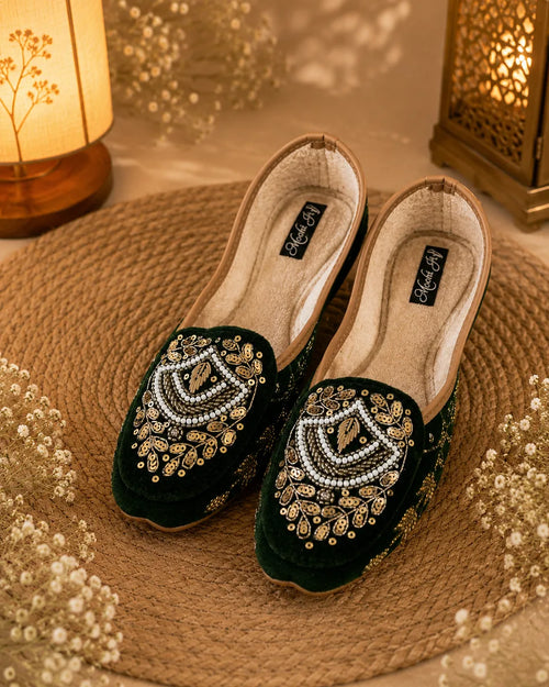 The Chits Emerald Velvet Heritage Embroidered Women's Jutti
