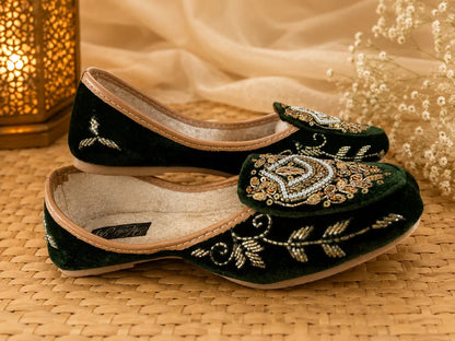 The Chits Emerald Velvet Heritage Embroidered Women's Jutti