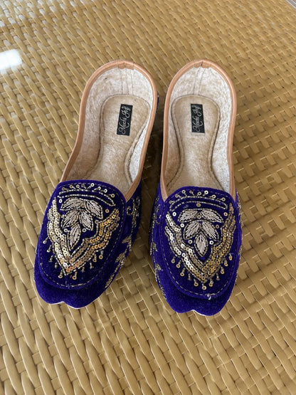 The Chits Royal Blue Velvet Hand-Embroidered Women's Jutti