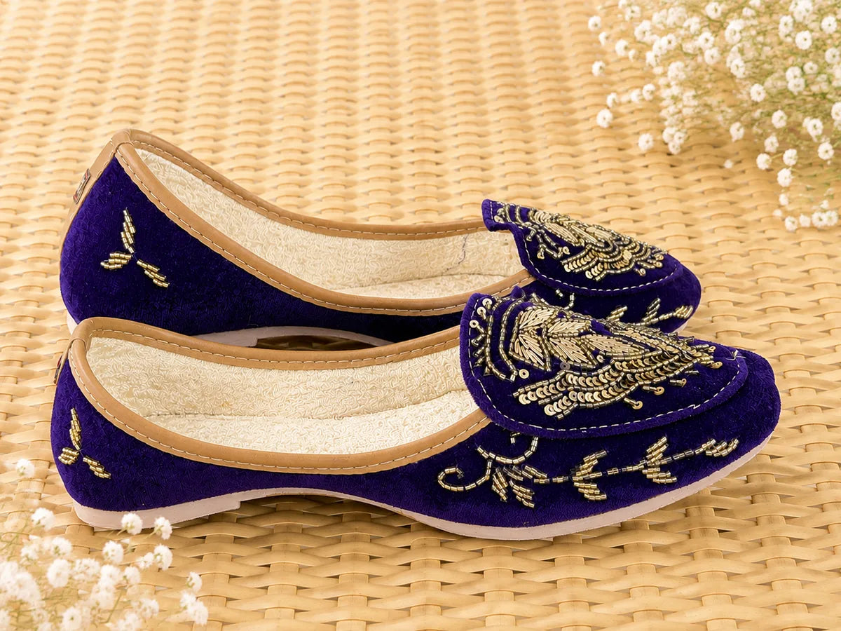The Chits Royal Blue Velvet Hand-Embroidered Women's Jutti