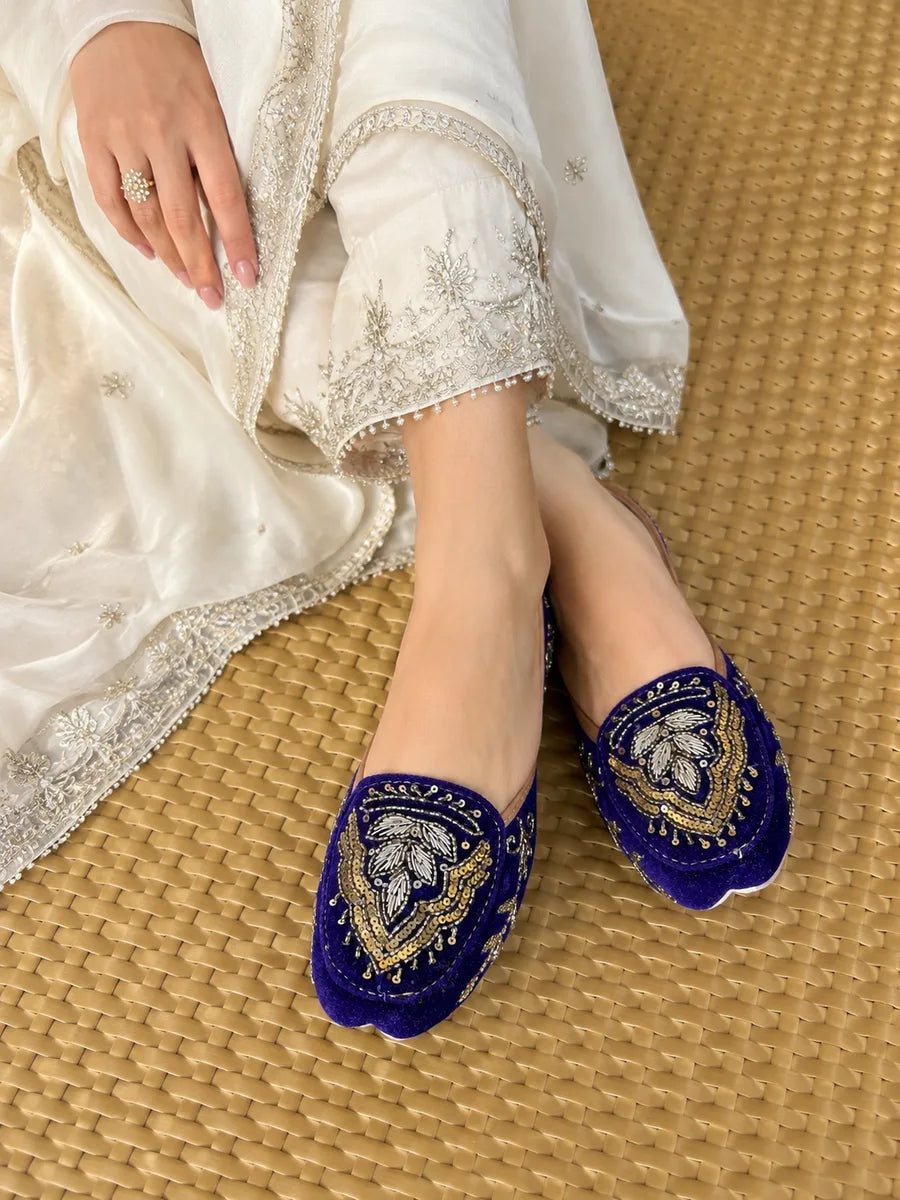 The Chits Royal Blue Velvet Hand-Embroidered Women's Jutti