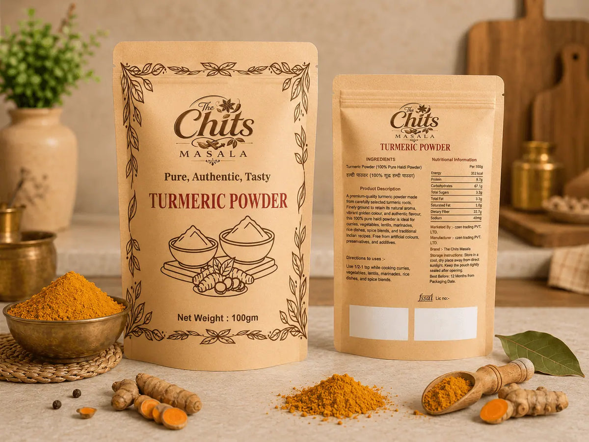 Two stand-up pouches of The Chits Masala Turmeric Powder displayed on a tabletop with loose turmeric powder, turmeric roots, a copper bowl, and a leaf in the foreground, with a softly blurred kitchen-style background.