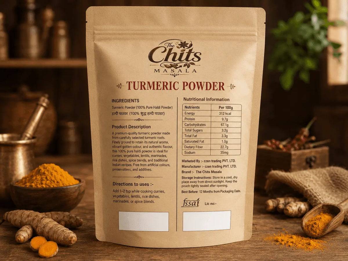 A stand-up kraft paper pouch of Chuts Masala Turmeric Powder on a rustic wooden surface, surrounded by loose turmeric roots, yellow turmeric powder, and burlap, with a softly blurred kitchen background.
